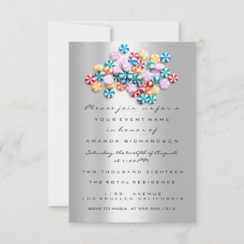 Birthday Silver Gray Metallic Candy Rainbow Sweets Invitation