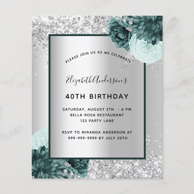 Birthday silver green floral budget invitation (Front)