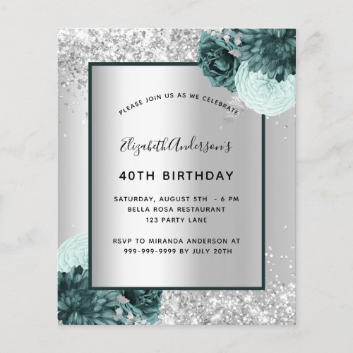 Birthday silver green floral budget invitation
