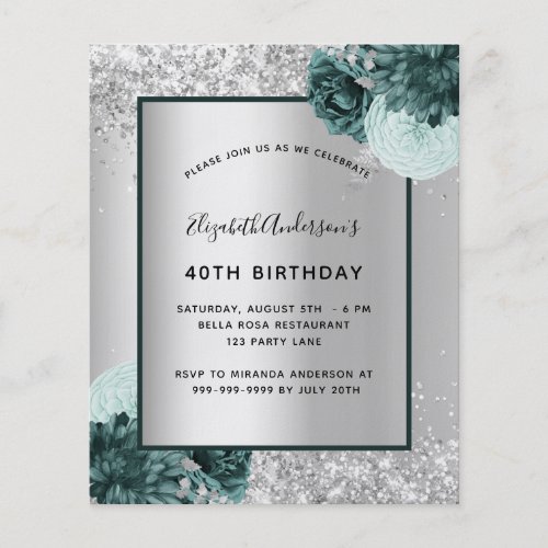 Birthday silver green floral budget invitation flyer