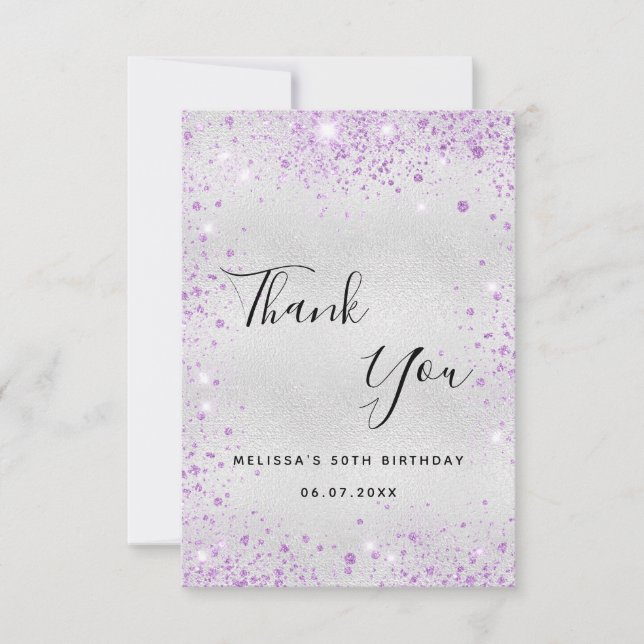 Birthday silver lavender glitter elegant thank you card (Front)