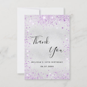 Birthday silver lavender glitter elegant thank you card