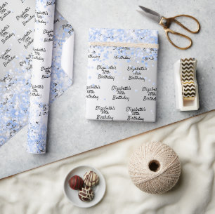 Birthday silver light blue confetti sparkle name wrapping paper