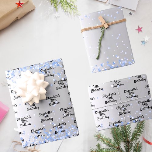Birthday silver light blue confetti sparkle name wrapping paper sheets