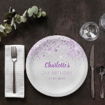 Birthday silver metal purple glitter monogram paper plates<br><div class="desc">For a girly and glamorous 21st (or any age) birthday party.  A silver faux metallic looking background with purple faux glitter drops. The text: The name is written in purple modern hand lettered style script. Personalize and add a name,  age 21 and a date.</div>