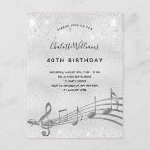 Birthday silver music notes 40th invitation