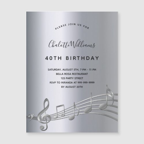 Birthday silver music notes invitation magnet