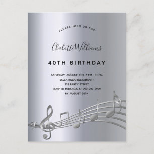 Birthday silver music notes metal 50th invitation