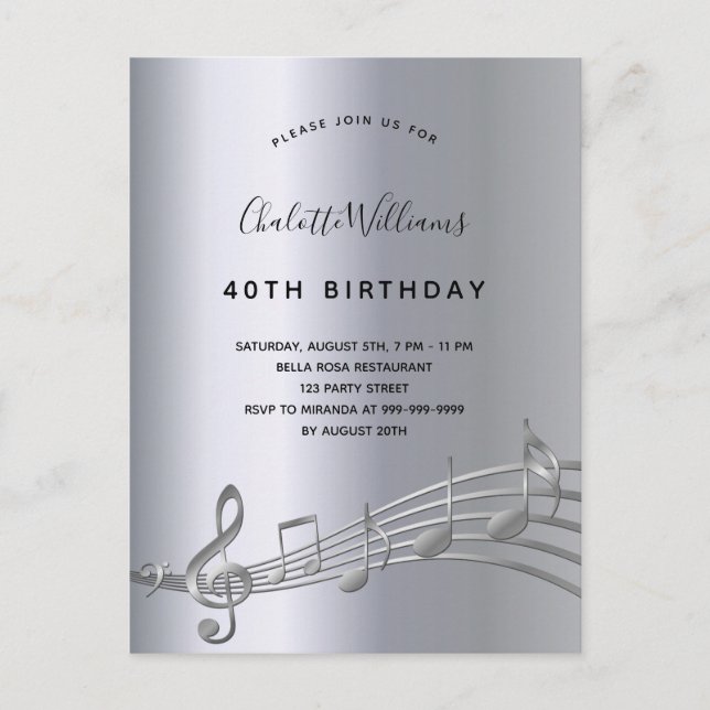 Birthday silver music notes metal 50th invitation (Front)