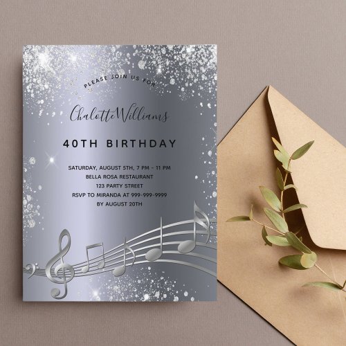 Birthday silver music notes metal glitter 40th