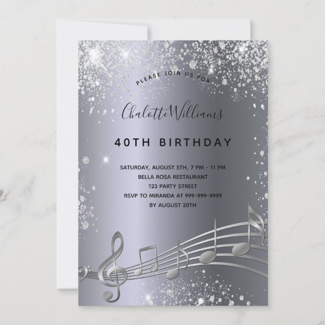 Birthday silver music notes metal glitter 40th  invitation (Front)