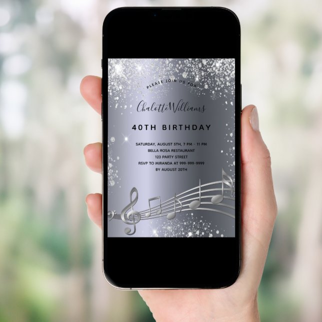 Birthday silver music notes metal glitter 40th  invitation (Front Digital)