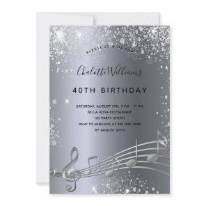 Birthday silver music notes metal glitter 40th  invitation