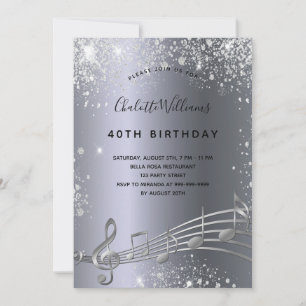 Birthday silver music notes metal glitter 40th invitation