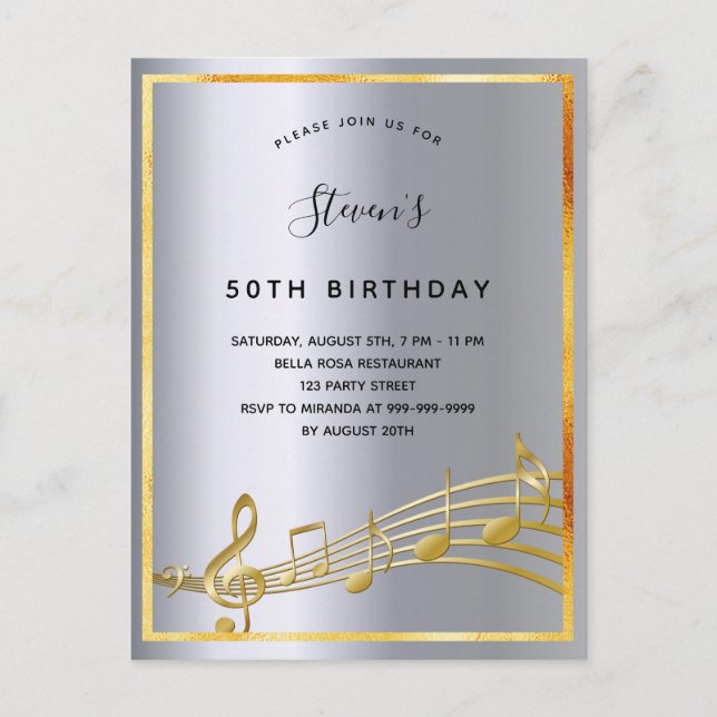 Birthday silver music notes metal invitation (Front)