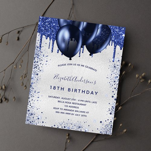 Birthday silver navy blue budget invitation