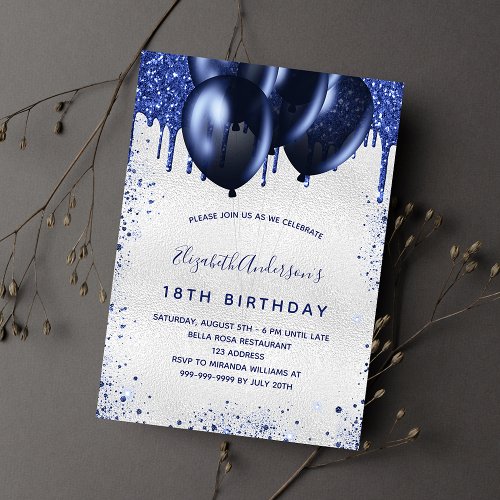 Birthday silver navy blue drips balloons luxury invitation