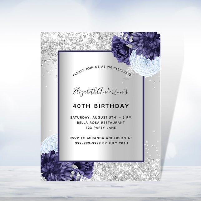 Birthday silver navy blue floral budget invitation flyer (Creator Uploaded)