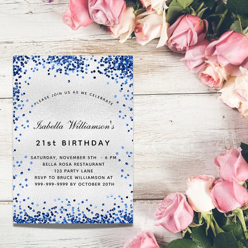 Birthday silver navy blue glitter invitation postcard