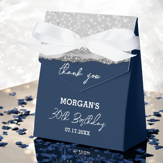 Birthday Silver Navy Blue Glitter Name Thank You Favor Boxes (Creator Uploaded)