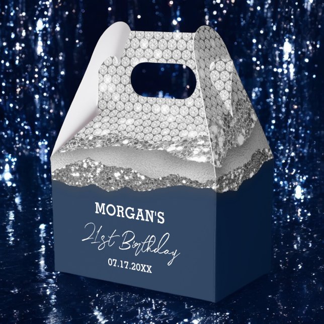 Birthday Silver Navy Blue Glitter Name Thank You Favor Boxes (Creator Uploaded)