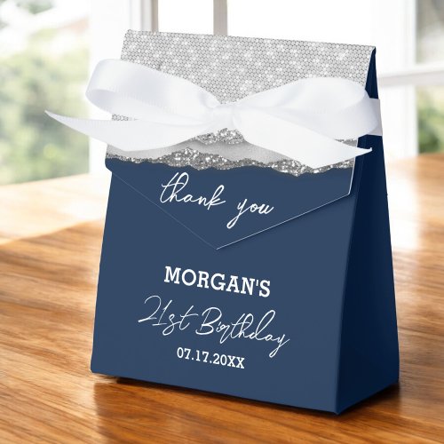 Birthday Silver Navy Blue Glitter Name Thank You Favor Boxes