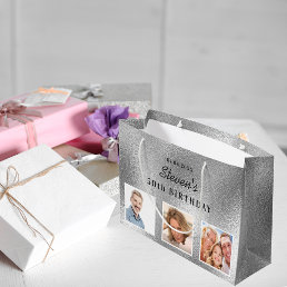 Birthday silver photo collage name  large gift bag