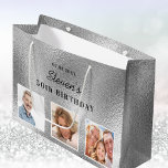 Birthday silver photo collage name  large gift bag<br><div class="desc">For a 50th (or any age) birthday.  A faux silver metallic looking background.   Personalize and add 3 of your own photos,  a date,  name and age 50. Black text. The name is written wit a modern hand lettered style script.</div>