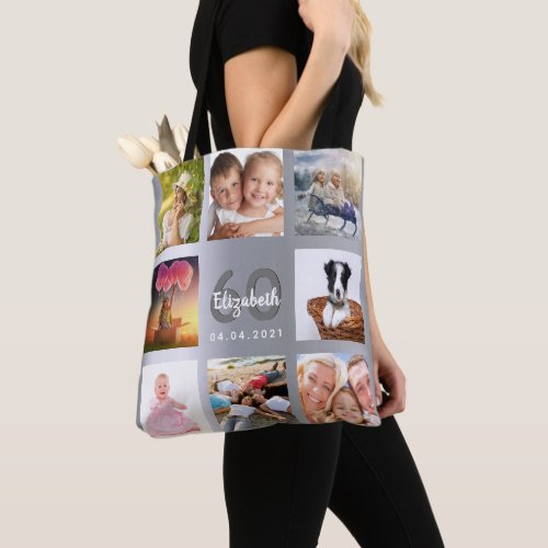 Birthday silver photo collage name tote bag