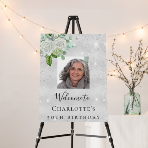 Birthday silver photo glitter florals welcome foam board