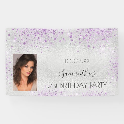 Birthday silver photo purple glitter monogram banner