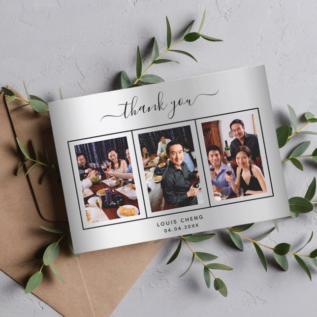 Birthday silver photo script guy men thank you card (Creator Uploaded)