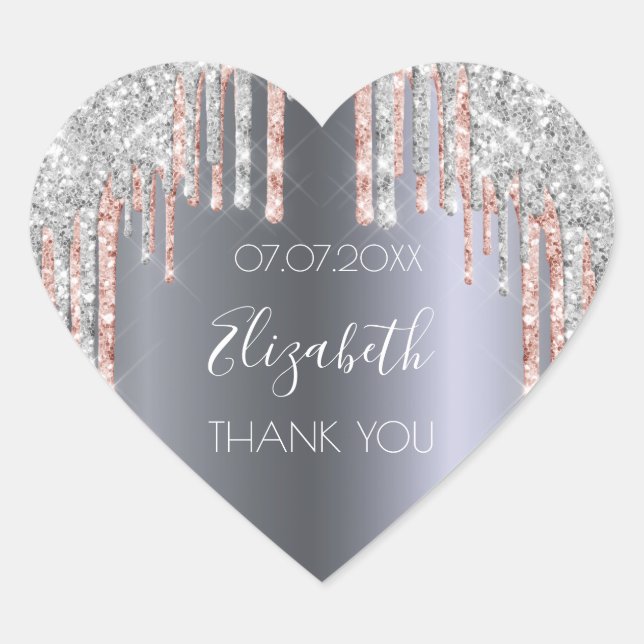 Birthday silver pink drips Thank You Heart Sticker (Front)