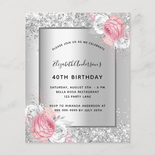 Birthday silver pink floral budget invitation