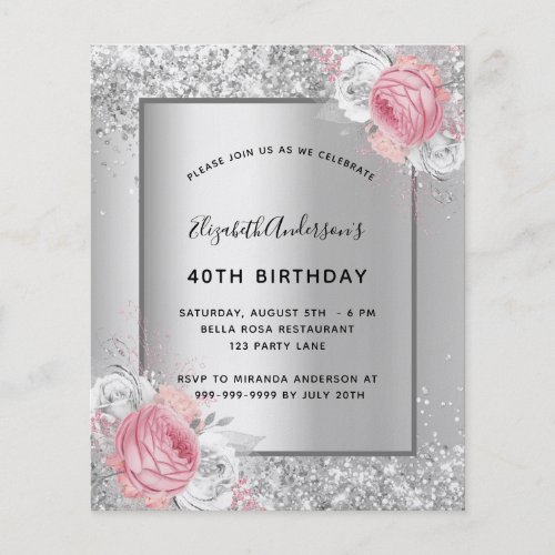 Birthday silver pink floral budget invitation flyer