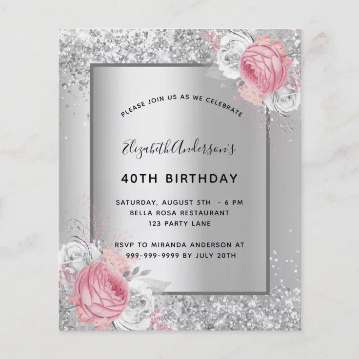 Birthday Silver Pink Floral Budget Invitation Flyer 