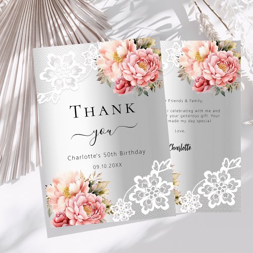 Birthday silver pink floral lace thank you card