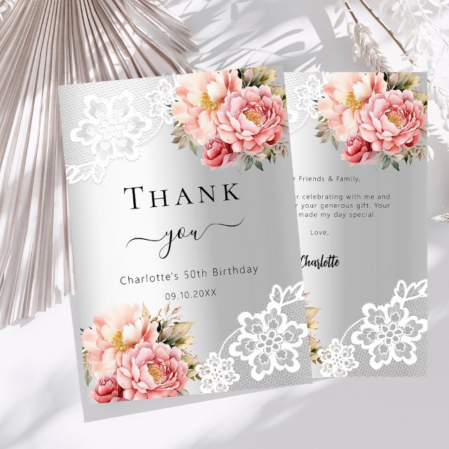 Birthday silver pink floral lace thank you card (Creator Uploaded)