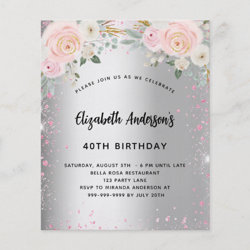 Birthday silver pink florals glitter invitation flyer