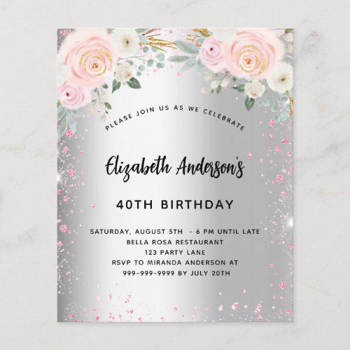 Birthday silver pink florals glitter invitation flyer