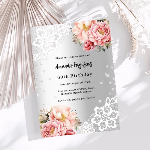 Birthday silver pink florals lace invitation