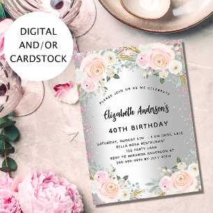 Birthday silver pink flowers glitter invitation