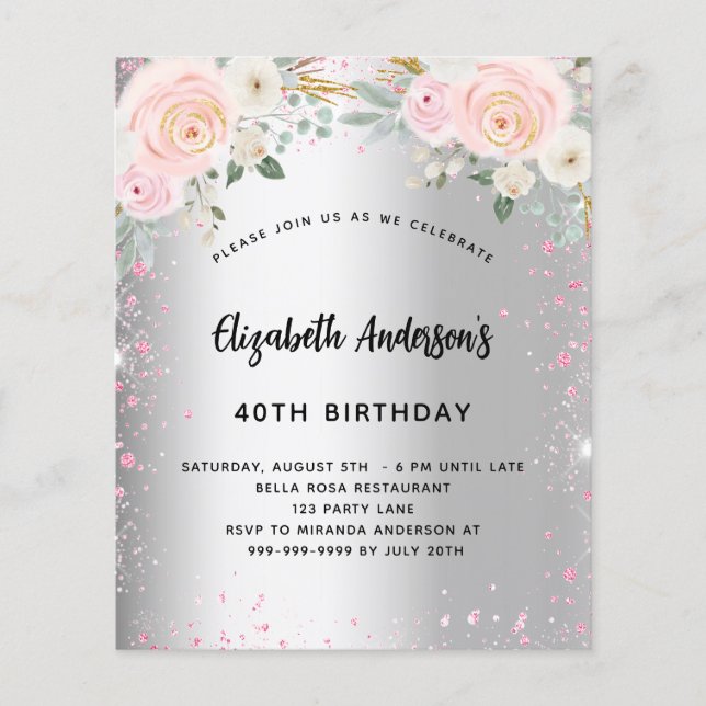 Birthday silver pink flowers glitter invitation (Front)