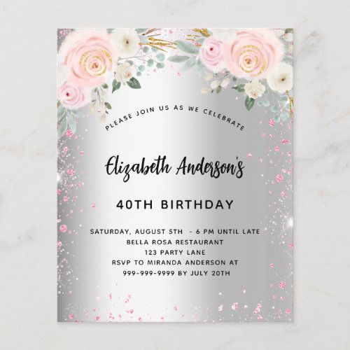 Birthday silver pink flowers glitter invitation