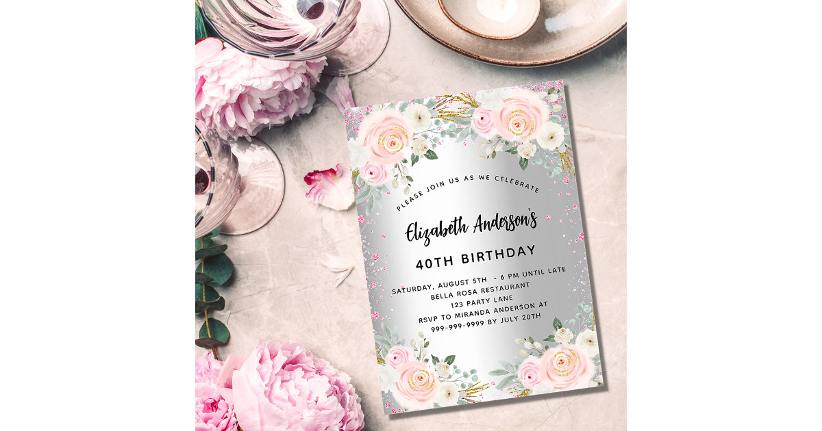 Birthday silver pink flowers glitter invitation postcard | Zazzle
