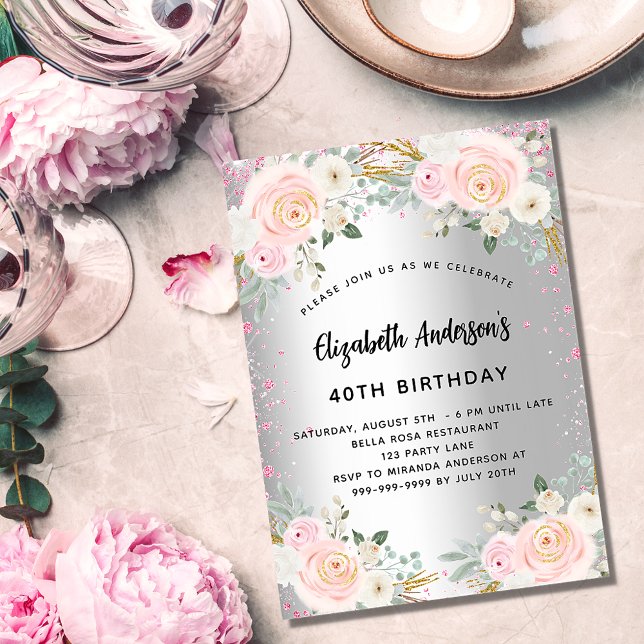 Birthday silver pink flowers glitter invitation postcard (Creator Uploaded)