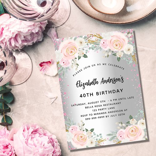 Birthday silver pink flowers glitter luxury invitation