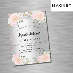 Birthday silver pink flowers glitter luxury magnetic invitation