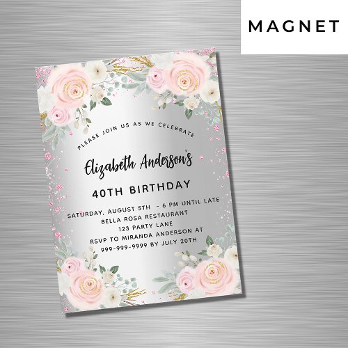 Birthday silver pink flowers glitter luxury magnetic invitation