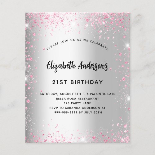 Birthday silver pink glitter budget invitation